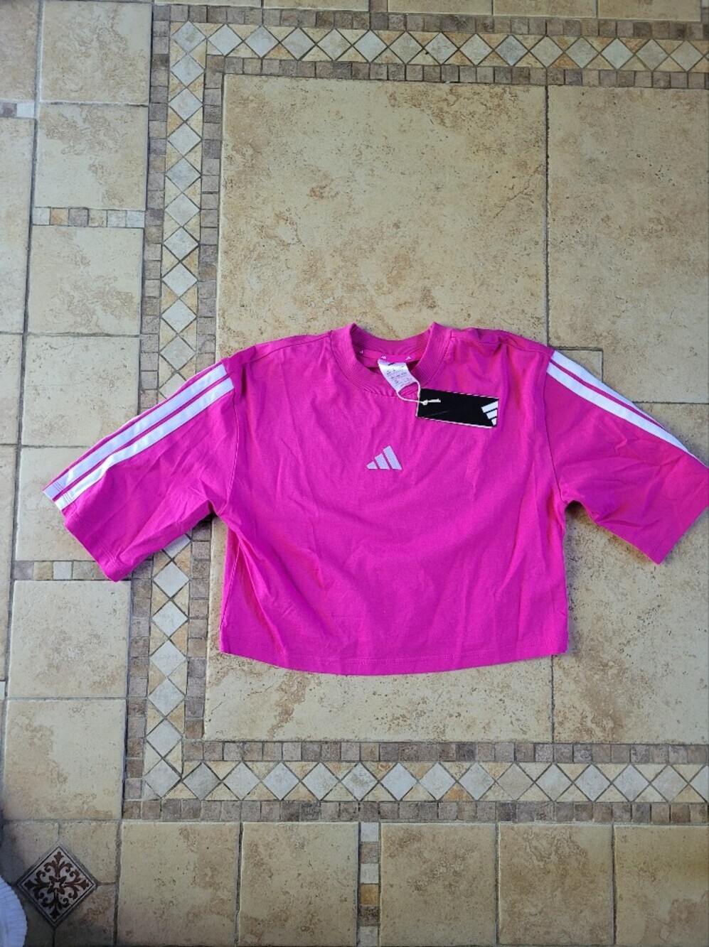 adidas Hot Pink Short Sleeve Crop Tee with White Stripes